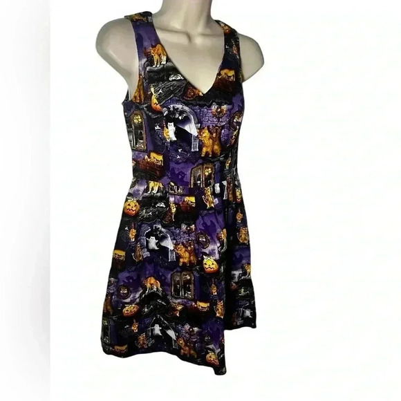ModCloth Halloween Dress Spooky Cat and Pumpkin Print Sleeveless Skater Dress S - Picture 3 of 13